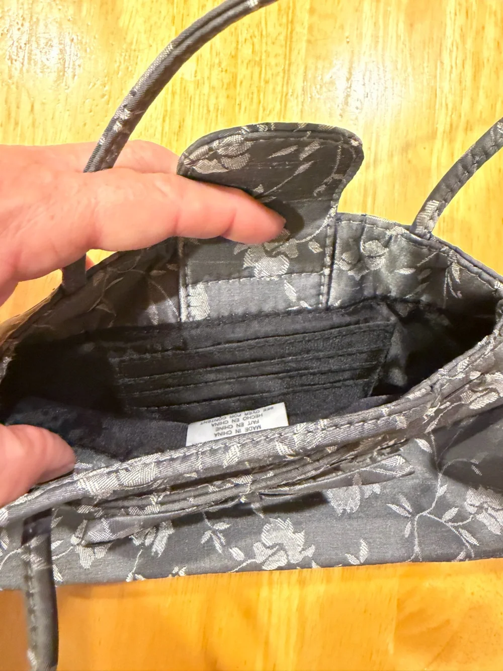Liz Claiborne Black Floral Jacquard Hand Bag with Bow Detail